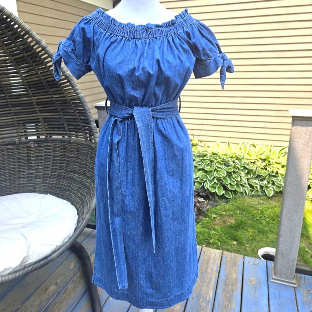 J. Crew Blue Denim Off-Shoulder Dress